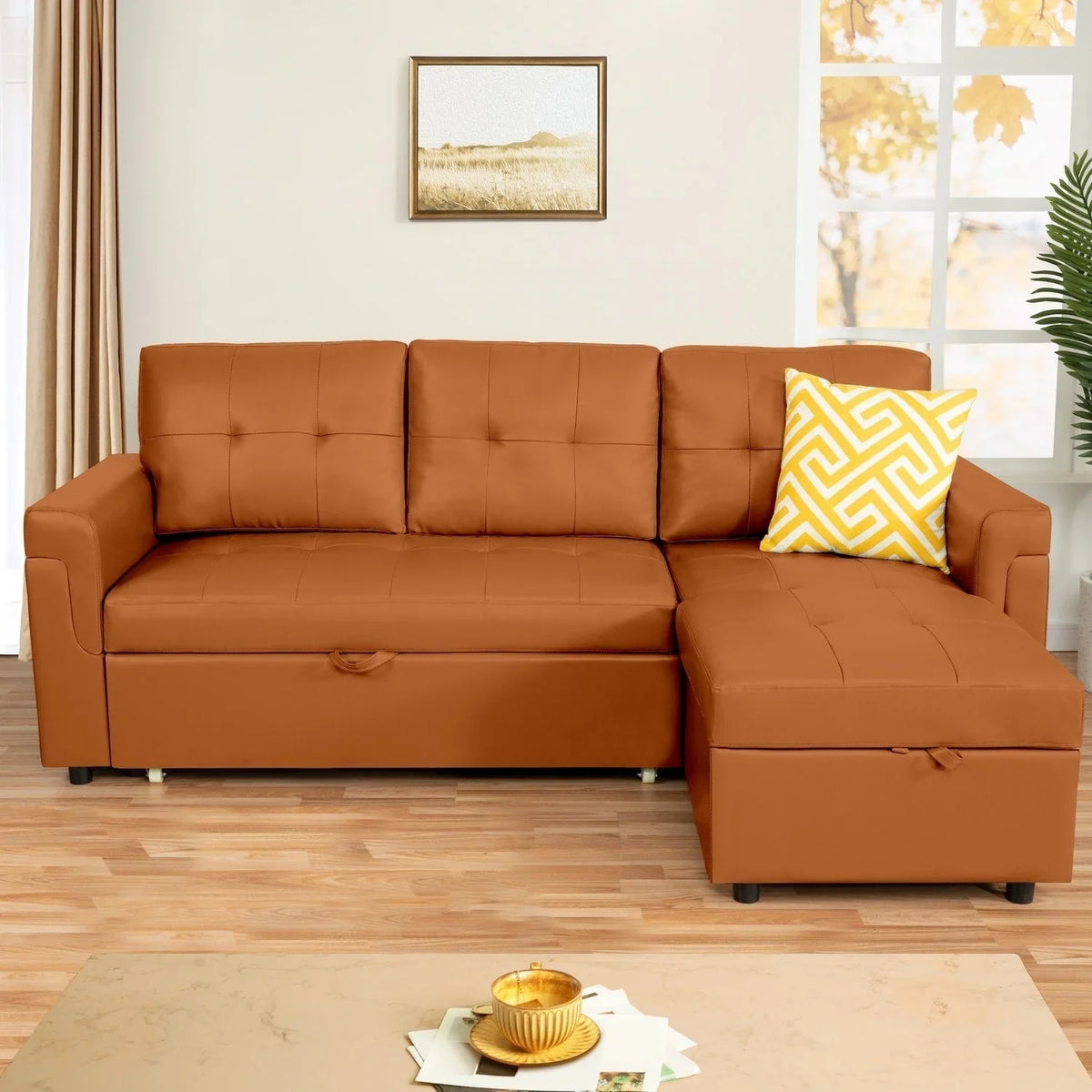 Canapé sectionnel convertible réversible avec lit escamotable, méridienne de rangement dissimulée et pieds durables