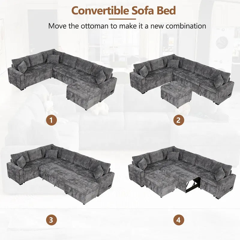 Canapé sectionnel en chenille avec canapé-lit escamotable, canapé-lit en forme de L avec ottoman de rangement, 3 coussins et prises de charge