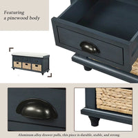 Banc de rangement rustique avec 3 tiroirs et 3 paniers en rotin, banc à chaussures pour salon et entrée