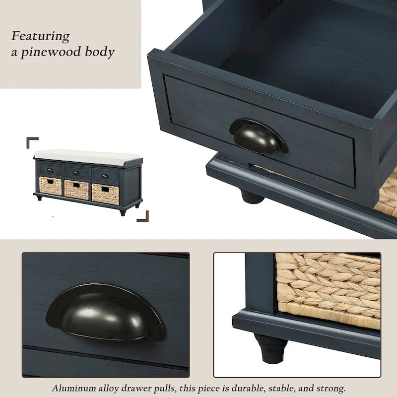 Banc de rangement rustique avec 3 tiroirs et 3 paniers en rotin, banc à chaussures pour salon et entrée