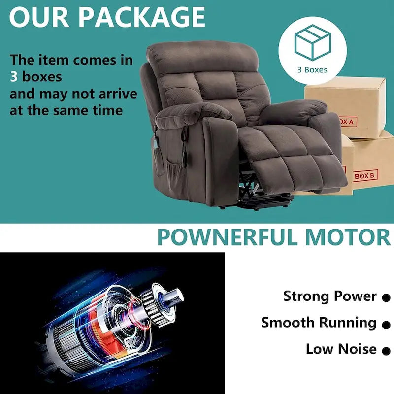 Grand fauteuil releveur massant électrique avec chauffage, porte-gobelet caché