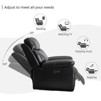Canapé inclinable électrique avec chargeur sans fil, liseuse, lumière LED pour salon, similicuir, port AC/USB, porte-gobelet, noir