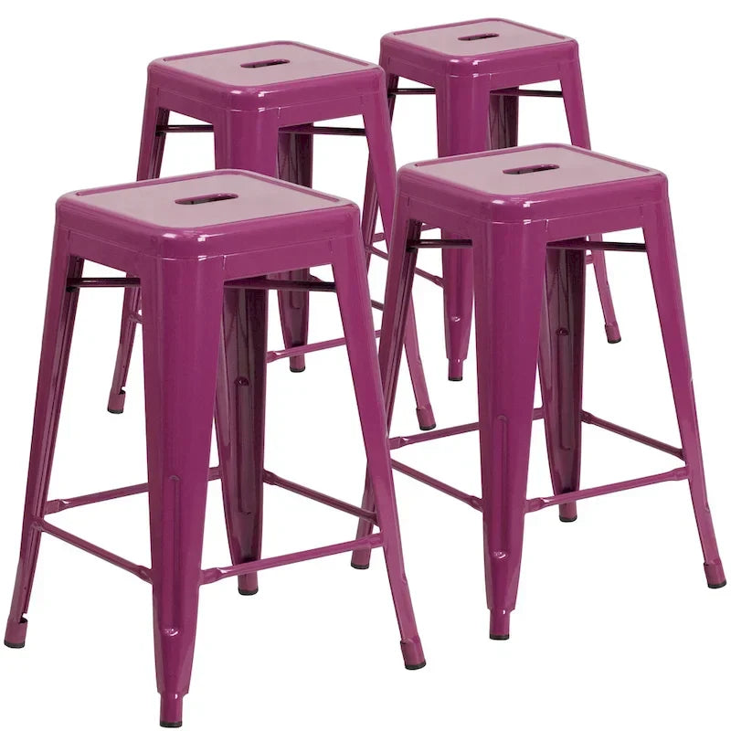 Lot de 4 tabourets hauteur comptoir d'intérieur-extérieur en métal sans dossier 24 H, avec assise carrée