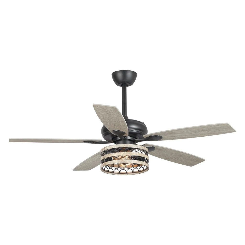 Ventilateur de plafond cage noir 52 style ferme bois flotté 5 pales avec télécommande