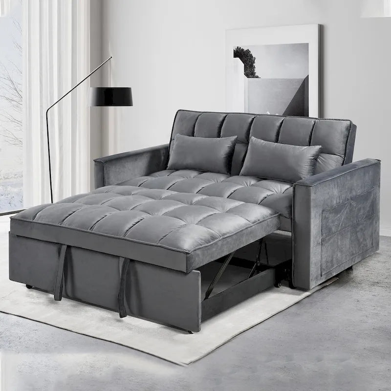 Causeuse de futon moderne en velours avec dossier inclinable et poches, 2 places – Gris foncé / Gris clair / Bleu / Noir