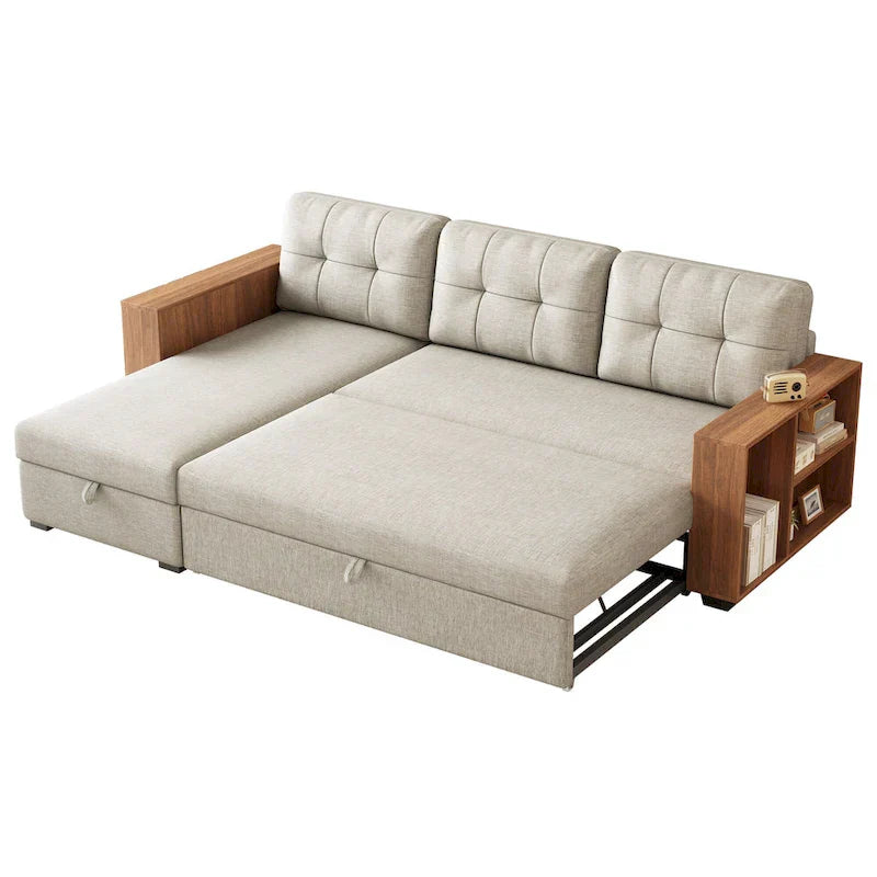 Canapé d'angle convertible avec lit escamotable et méridienne avec rangement caché