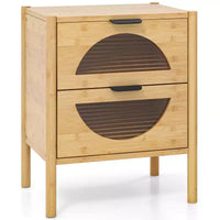 Costway table de chevet en bambou 1/2 pieces avec 2 tiroirs de rangement et façades en verre trempé cannelé pour chambre