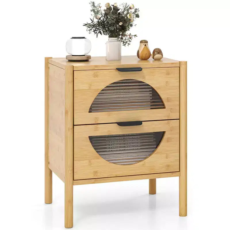 Costway table de chevet en bambou 1/2 pieces avec 2 tiroirs de rangement et façades en verre trempé cannelé pour chambre