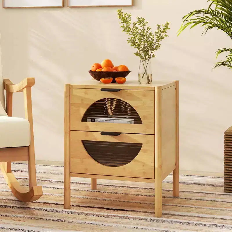 Costway table de chevet en bambou 1/2 pieces avec 2 tiroirs de rangement et façades en verre trempé cannelé pour chambre