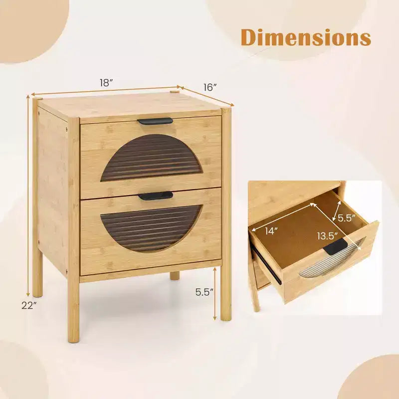 Costway table de chevet en bambou 1/2 pieces avec 2 tiroirs de rangement et façades en verre trempé cannelé pour chambre