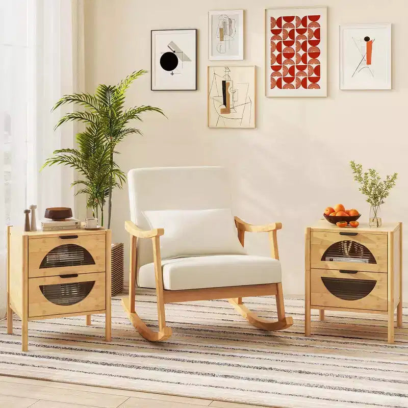 Costway table de chevet en bambou 1/2 pieces avec 2 tiroirs de rangement et façades en verre trempé cannelé pour chambre