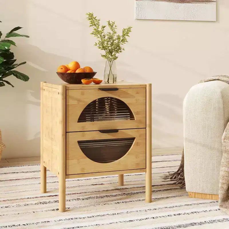 Costway table de chevet en bambou 1/2 pieces avec 2 tiroirs de rangement et façades en verre trempé cannelé pour chambre