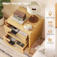 Costway table de chevet en bambou 1/2 pieces avec 2 tiroirs de rangement et façades en verre trempé cannelé pour chambre