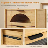 Costway table de chevet en bambou 1/2 pieces avec 2 tiroirs de rangement et façades en verre trempé cannelé pour chambre