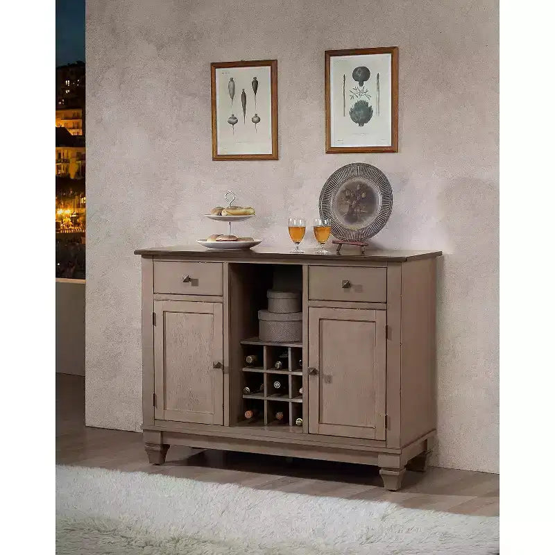 Kings Brand Almon, buffet, serveur, armoire de rangement avec tiroirs, étagères et portes, en bois bicolore marron, porte-bouteilles