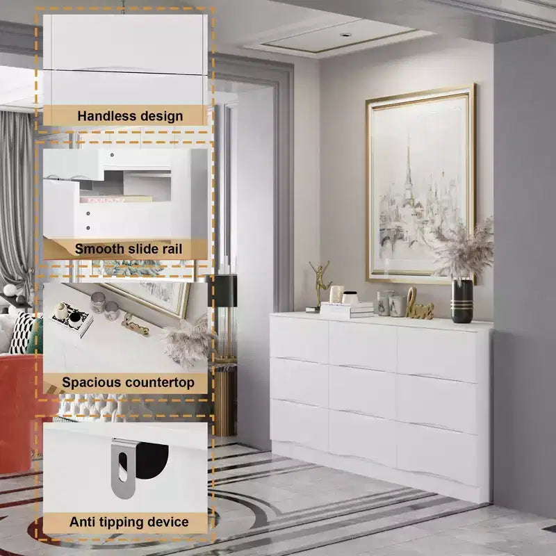 Commode horizontale Famapy pour chambre, commode moderne minimaliste à poignées dissimulées, blanc