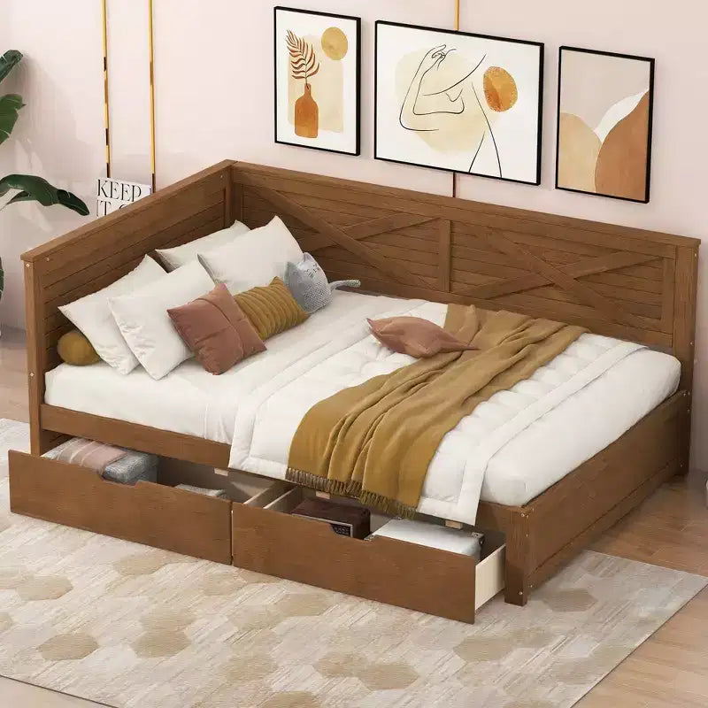 Lit de jour taille Twin avec gigogne / 2 tiroirs et barrière rustique, gris / marron - ModernLuxe