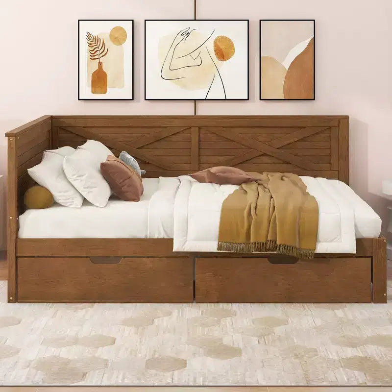 Lit de jour taille Twin avec gigogne / 2 tiroirs et barrière rustique, gris / marron - ModernLuxe