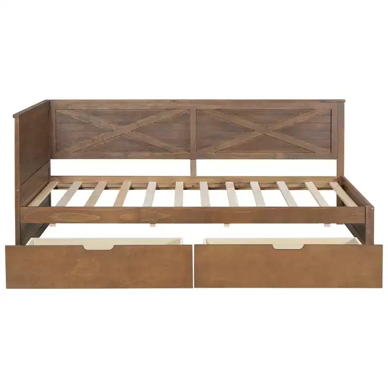 Lit de jour taille Twin avec gigogne / 2 tiroirs et barrière rustique, gris / marron - ModernLuxe