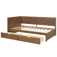 Lit de jour taille Twin avec gigogne / 2 tiroirs et barrière rustique, gris / marron - ModernLuxe
