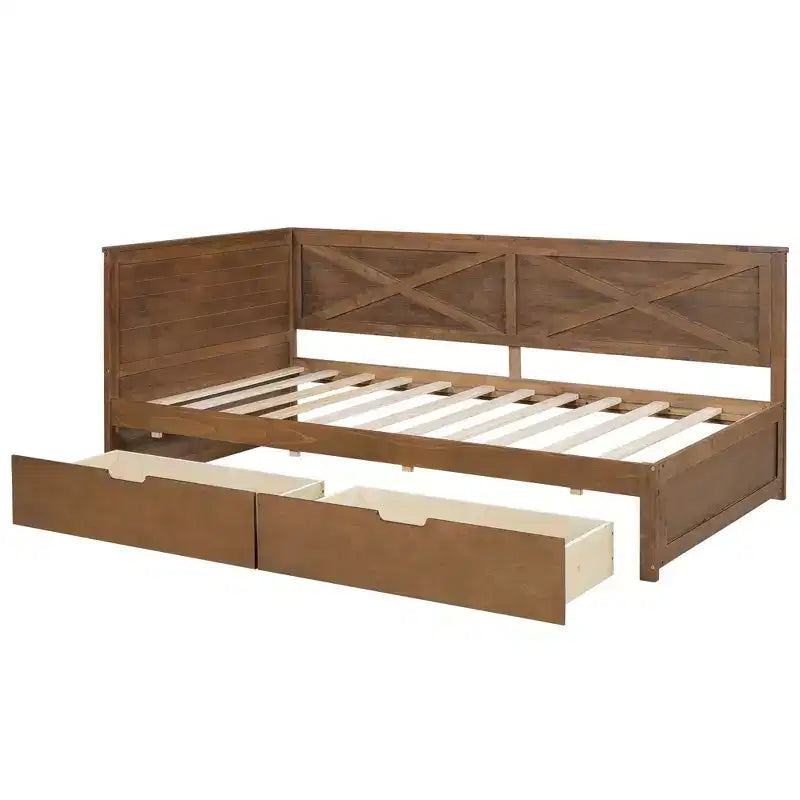 Lit de jour taille Twin avec gigogne / 2 tiroirs et barrière rustique, gris / marron - ModernLuxe