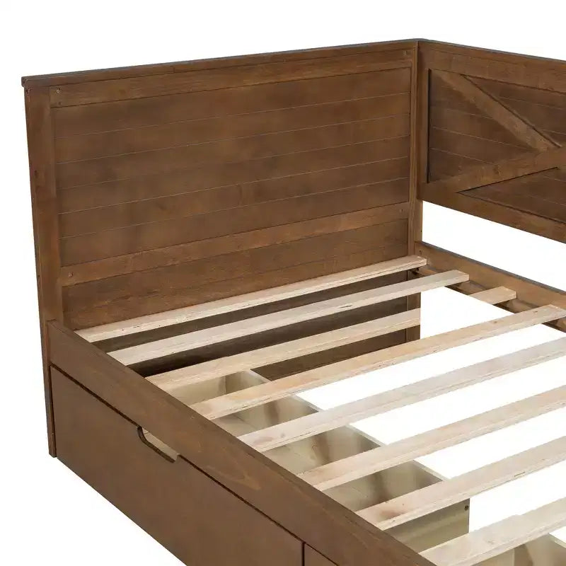 Lit de jour taille Twin avec gigogne / 2 tiroirs et barrière rustique, gris / marron - ModernLuxe