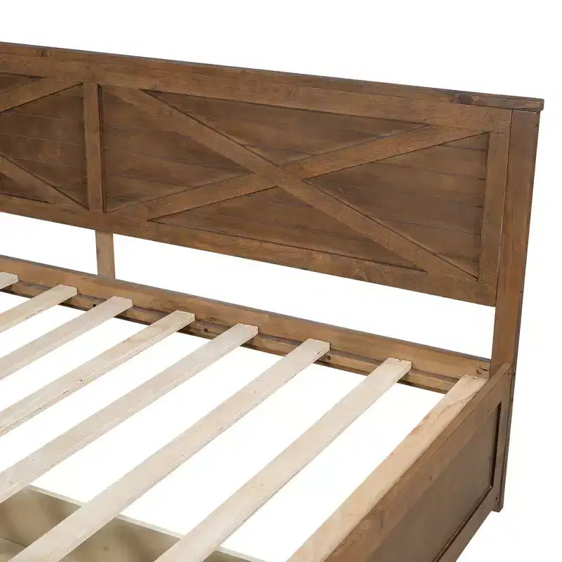 Lit de jour taille Twin avec gigogne / 2 tiroirs et barrière rustique, gris / marron - ModernLuxe