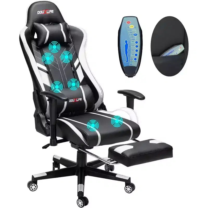 Chaise gaming ergonomique Douxlife moderne à massage 7 points avec repose-pieds et accoudoirs réglables, noir blanc