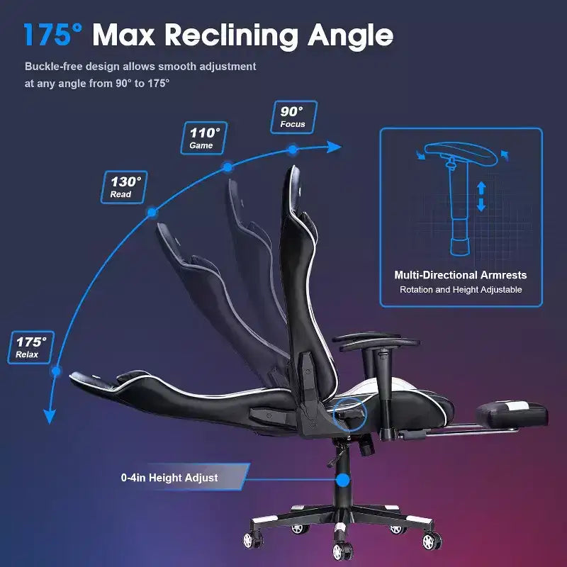 Chaise gaming ergonomique Douxlife moderne à massage 7 points avec repose-pieds et accoudoirs réglables, noir blanc
