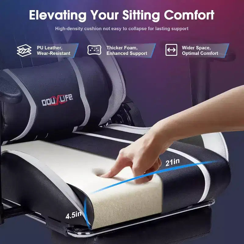 Chaise gaming ergonomique Douxlife moderne à massage 7 points avec repose-pieds et accoudoirs réglables, noir blanc