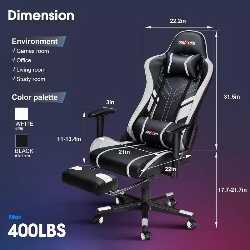 Chaise gaming ergonomique Douxlife moderne à massage 7 points avec repose-pieds et accoudoirs réglables, noir blanc