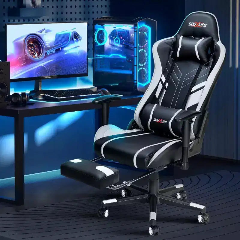 Chaise gaming ergonomique Douxlife moderne à massage 7 points avec repose-pieds et accoudoirs réglables, noir blanc