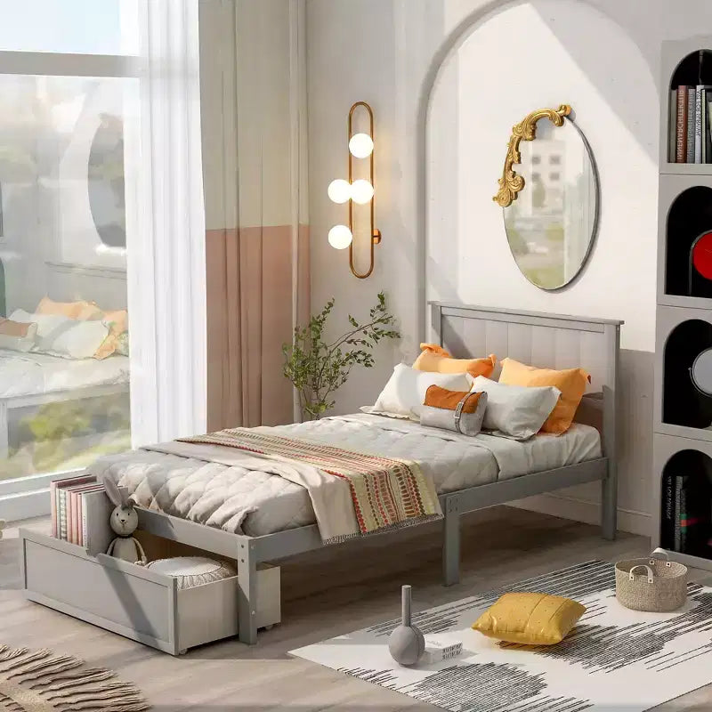 Lit plateforme Whisen Wood deux places avec tiroir de rangement
