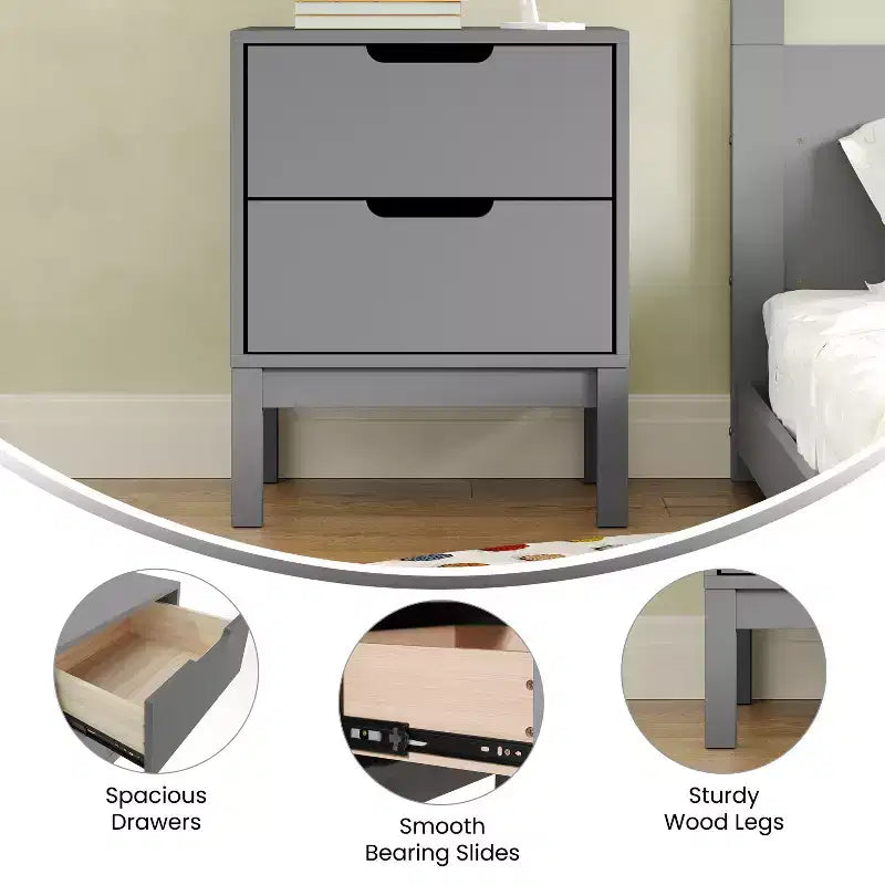 Flash Furniture table de chevet en bois Dallas, table d'appoint de chambre avec 2 tiroirs de rangement pour enfants