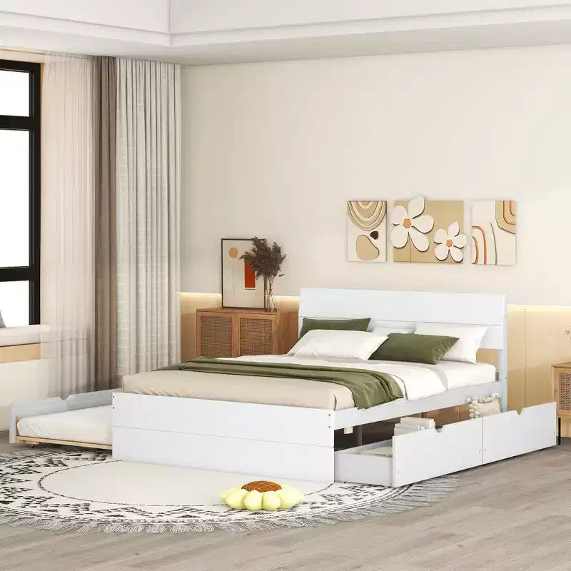 Whisen Cadre de lit Twin moderne, tête et pied de lit blanc brillant avec lit gigogne ou tiroirs, design peu encombrant