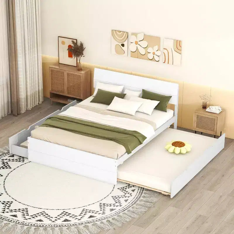 Whisen Cadre de lit Twin moderne, tête et pied de lit blanc brillant avec lit gigogne ou tiroirs, design peu encombrant