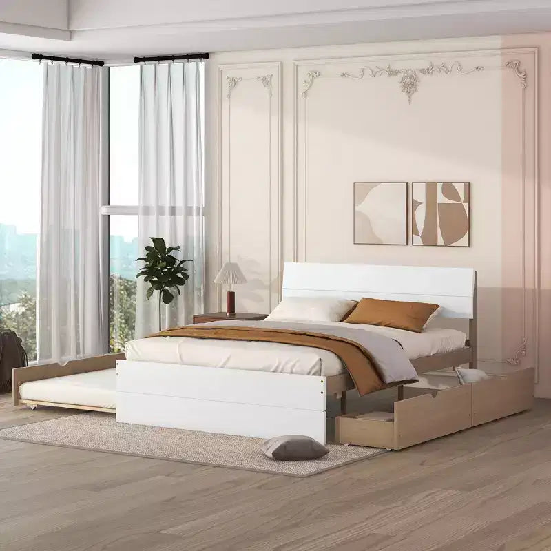 Whisen Cadre de lit Twin moderne, tête et pied de lit blanc brillant avec lit gigogne ou tiroirs, design peu encombrant