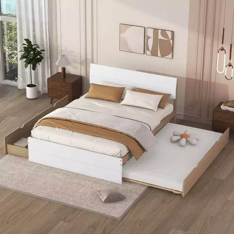 Whisen Cadre de lit Twin moderne, tête et pied de lit blanc brillant avec lit gigogne ou tiroirs, design peu encombrant