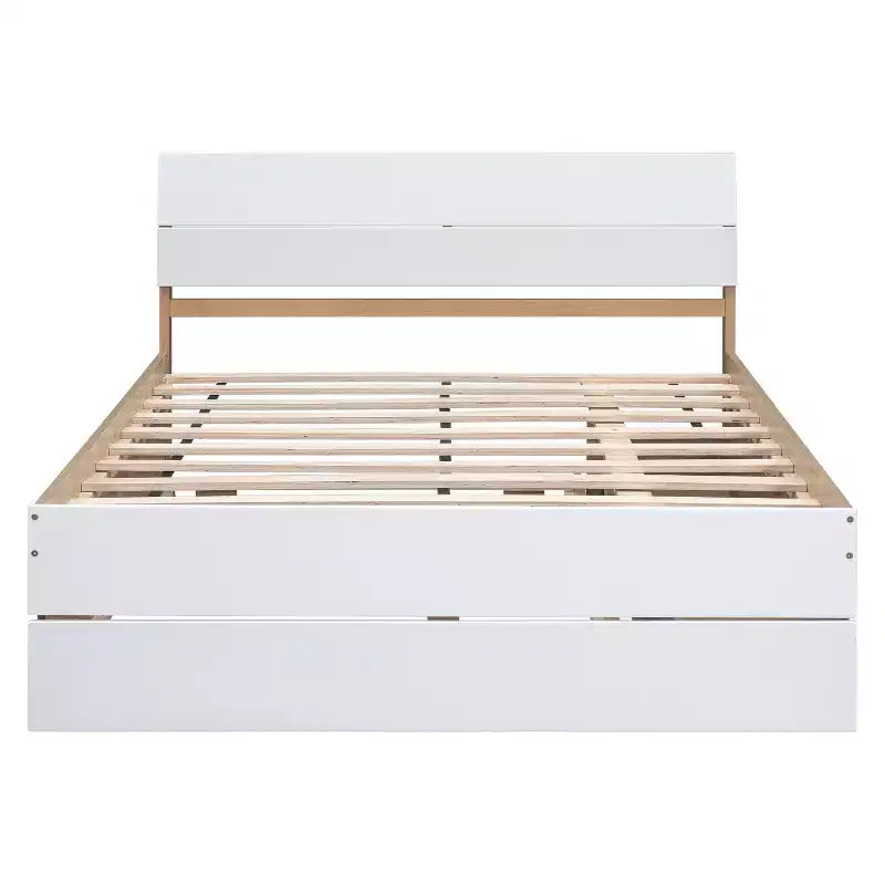Cadre de lit double moderne Whisen avec tête et pied de lit blanc brillant, avec lit gigogne ou tiroirs, design peu encombrant