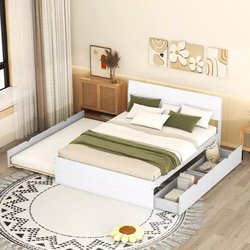 Whisen Cadre de lit Twin moderne, tête et pied de lit blanc brillant avec lit gigogne ou tiroirs, design peu encombrant