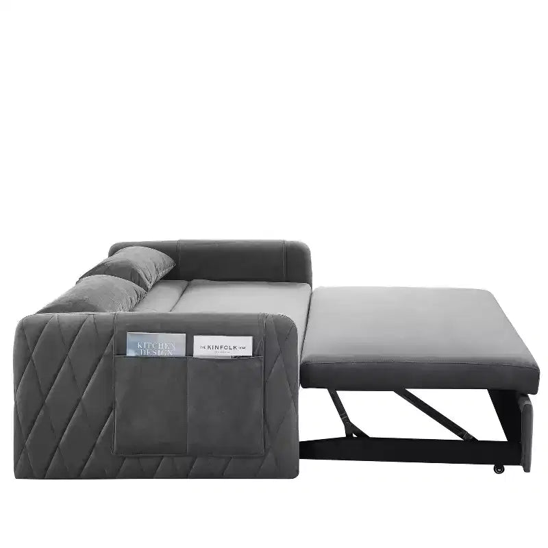 Canapé-lit convertible MAYEERTY 55 en velours, causeuse, 2 poches d'accoudoir amovibles, lit escamotable, 2 coussins, dossier réglable, accoudoirs à motif