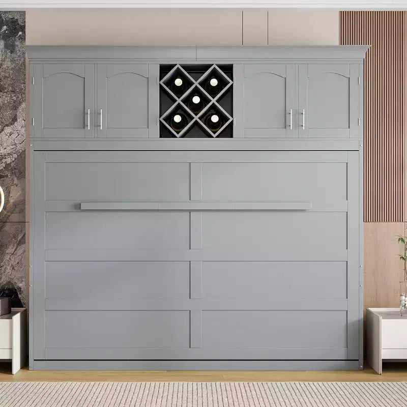 Lit escamotable mural taille Queen avec armoires supérieures et casier à vin - ModernLuxe