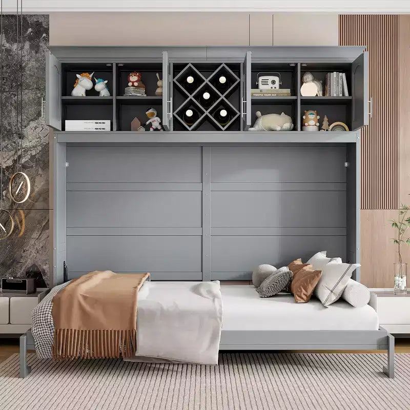 Lit escamotable mural taille Queen avec armoires supérieures et casier à vin - ModernLuxe