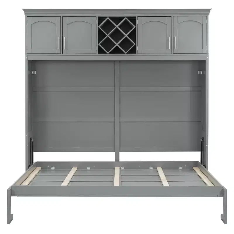Lit escamotable mural taille Queen avec armoires supérieures et casier à vin - ModernLuxe
