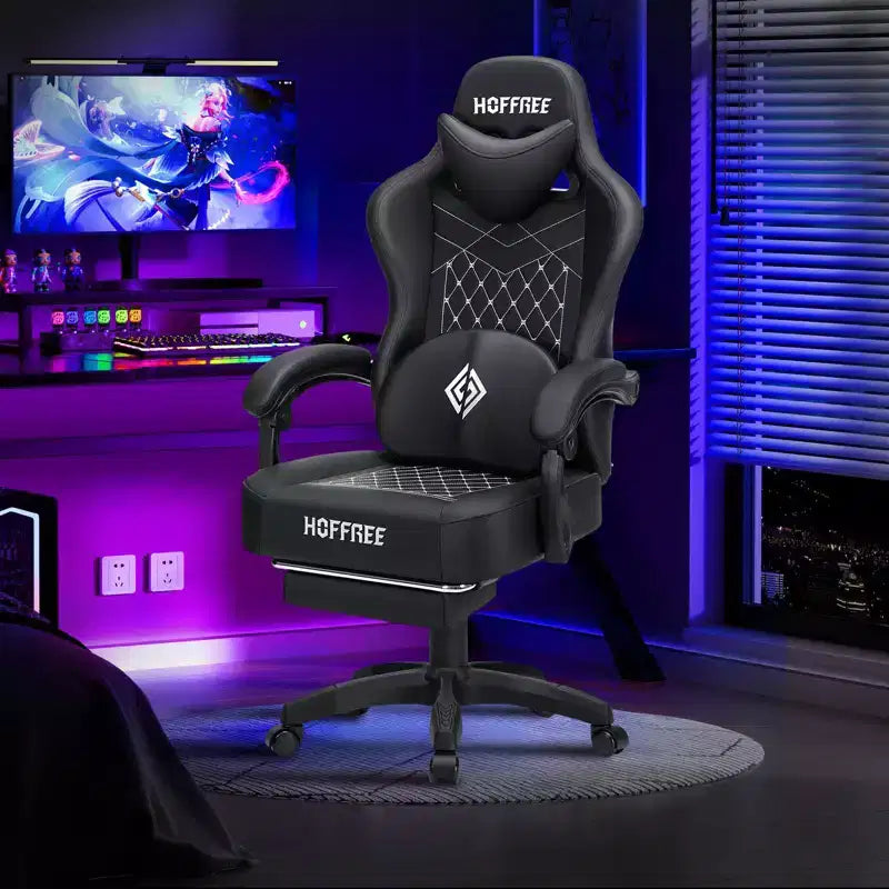 Chaise gaming de massage Hoffree en cuir, chaise de bureau PC ergonomique avec repose-pieds et réglable
