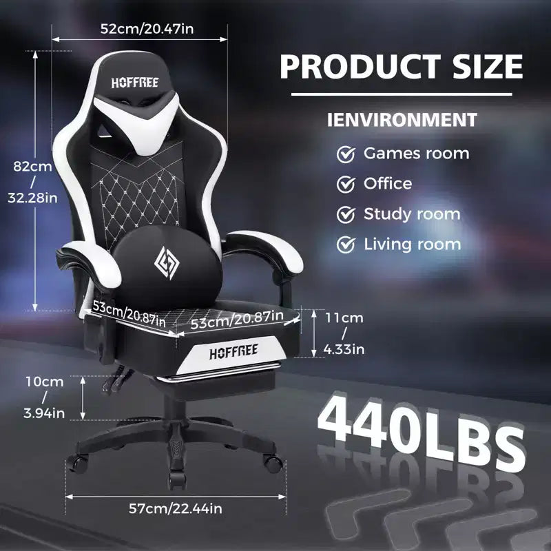 Chaise gaming de massage Hoffree en cuir, chaise de bureau PC ergonomique avec repose-pieds et réglable