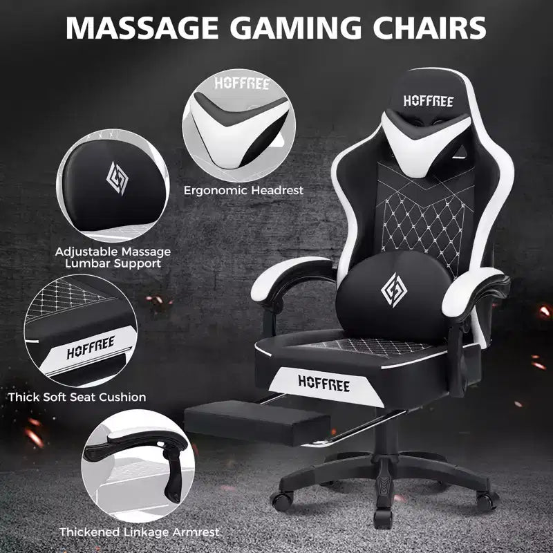 Chaise gaming de massage Hoffree en cuir, chaise de bureau PC ergonomique avec repose-pieds et réglable