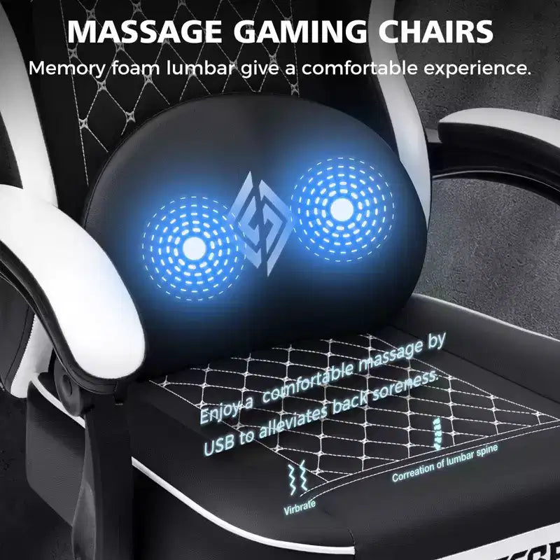 Chaise gaming de massage Hoffree en cuir, chaise de bureau PC ergonomique avec repose-pieds et réglable