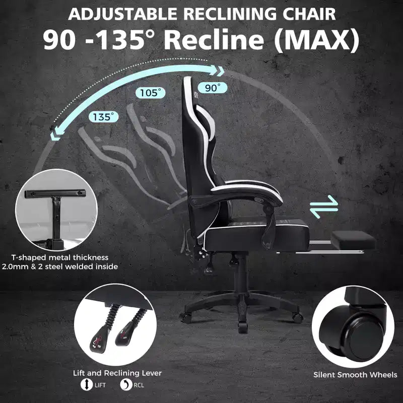 Chaise gaming de massage Hoffree en cuir, chaise de bureau PC ergonomique avec repose-pieds et réglable
