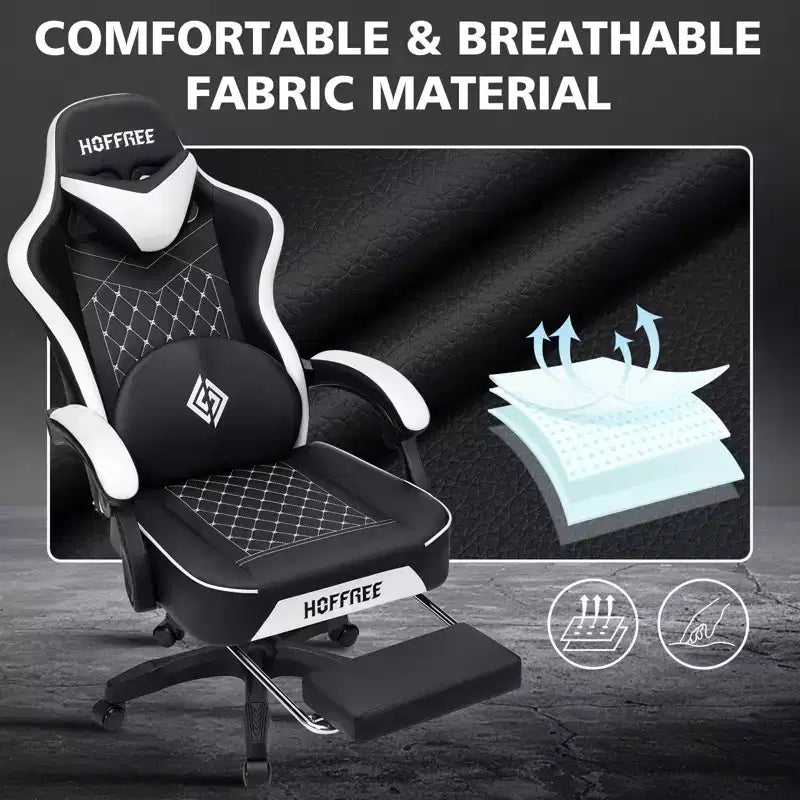 Chaise gaming de massage Hoffree en cuir, chaise de bureau PC ergonomique avec repose-pieds et réglable